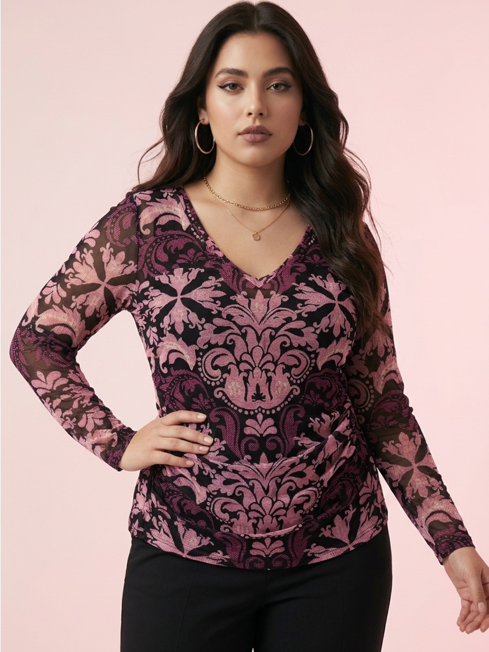 INC International Concepts Burgundy Black Sheer V-Neck Long Sleeve Top-L/XL